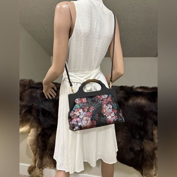 Handmade Cowhide Floral Embossed, Large Wooden Frame Bag & 2 Strap Styles - Picture 6 of 16